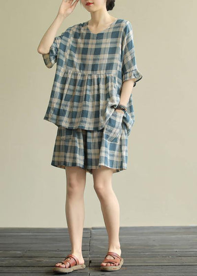 Loose round neck stitching top elasticated shorts blue plaid two-piece suit - bagstylebliss