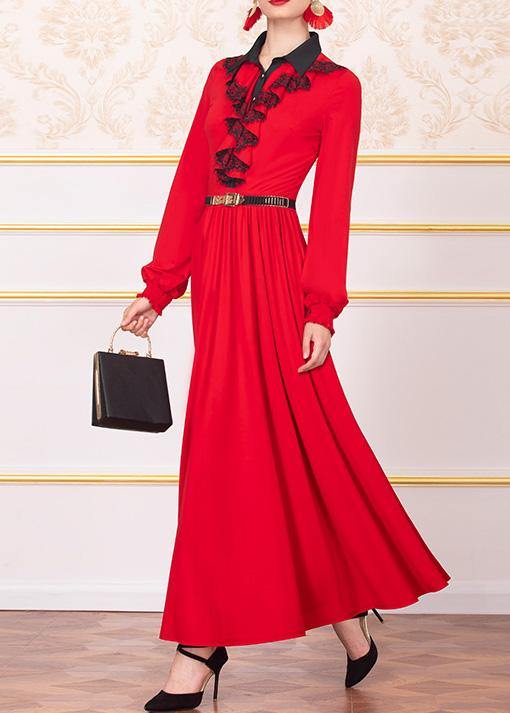 Loose ruffles cotton POLO collar dresses Wardrobes red Robe Dress - bagstylebliss