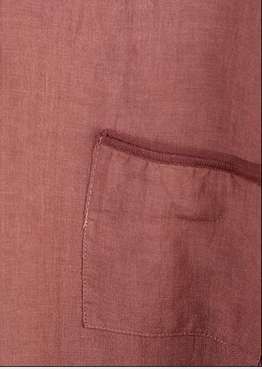 Loose side open linen tunic pattern Shape brown shirts v neck - bagstylebliss