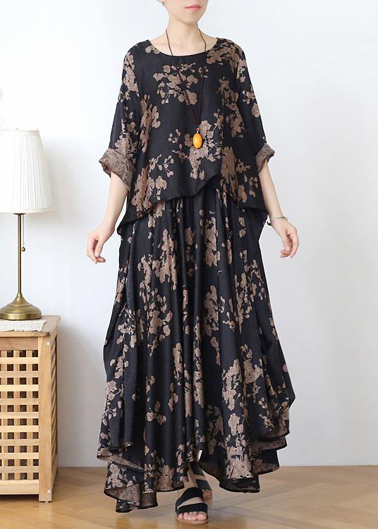 Loose silk satin wind dress black coffee color printing fashion fake two-piece goddess Fan big swing skirt - bagstylebliss