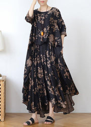 Loose silk satin wind dress black coffee color printing fashion fake two-piece goddess Fan big swing skirt - bagstylebliss