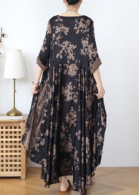 Loose silk satin wind dress black coffee color printing fashion fake two-piece goddess Fan big swing skirt - bagstylebliss