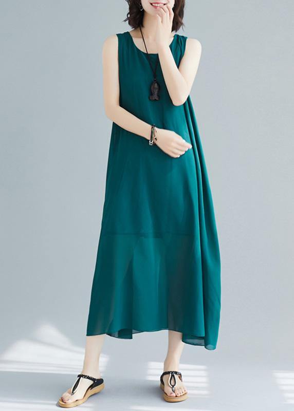 Loose sleeveless cotton outfit pattern blackish green long Dress summer - bagstylebliss