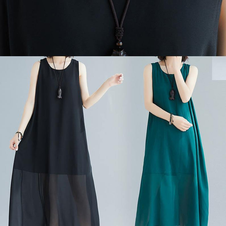 Loose sleeveless cotton outfit pattern blackish green long Dress summer - bagstylebliss