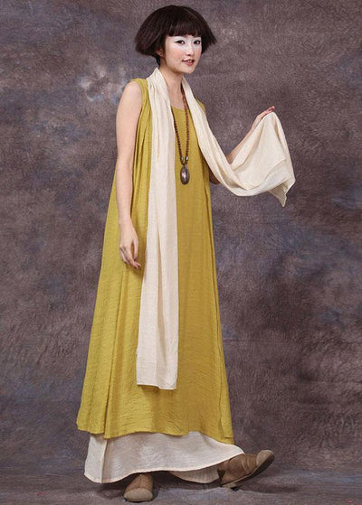 Loose sleeveless linen clothes For Women Sewing yellow Dresses summer - bagstylebliss