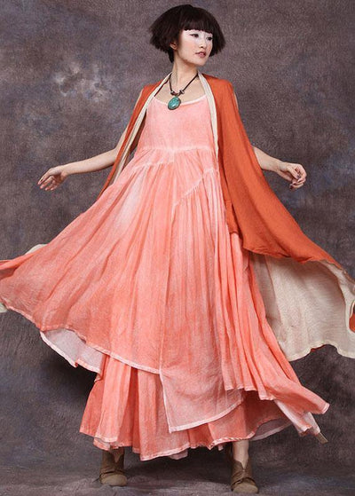 Loose sleeveless linen clothes For Women Tunic Tops orange tie waist cardigan summer - bagstylebliss