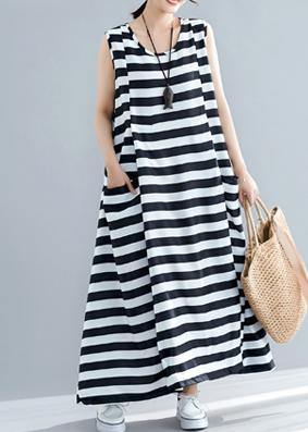 Loose sleeveless o neck black striped cotton robes Dress summer - bagstylebliss