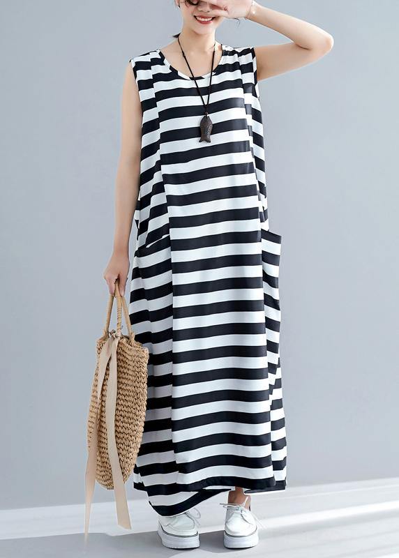 Loose sleeveless o neck black striped cotton robes Dress summer - bagstylebliss