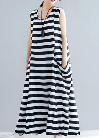 Loose sleeveless o neck black striped cotton robes Dress summer - bagstylebliss