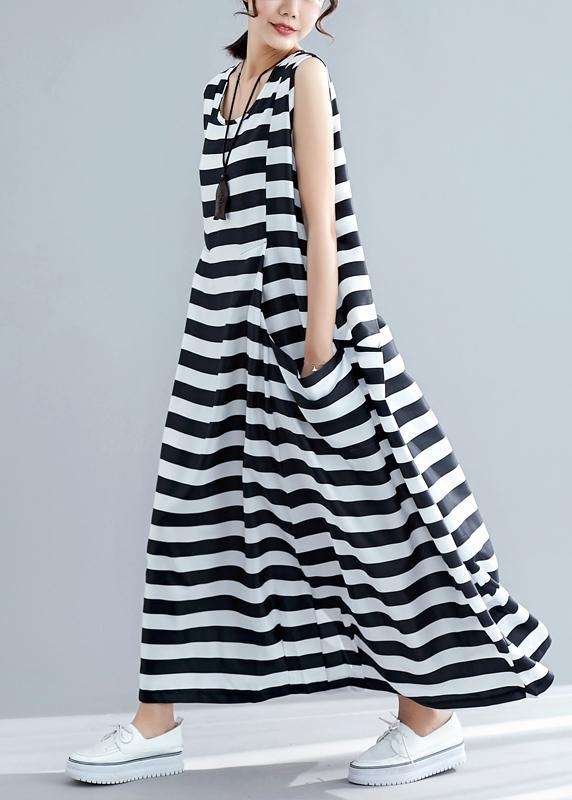 Loose sleeveless o neck black striped cotton robes Dress summer - bagstylebliss