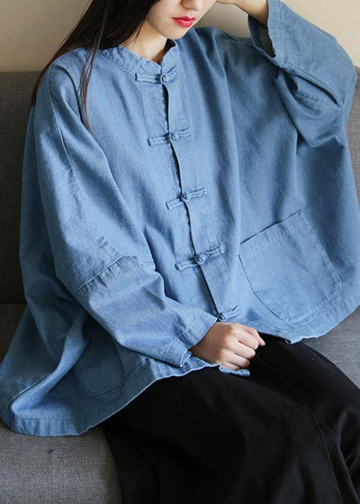 Loose stand collar Chinese Button clothes For Women Sleeve denim light blue shirts - bagstylebliss