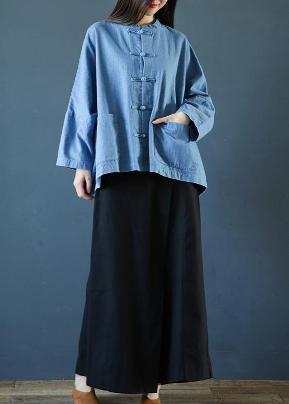 Loose stand collar Chinese Button clothes For Women Sleeve denim light blue shirts - bagstylebliss