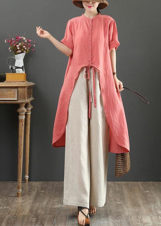 Loose stand collar asymmetric linen shirts Tutorials red tops - bagstylebliss