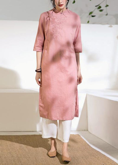 Loose stand collar linen side open dress Inspiration pink Dress - bagstylebliss