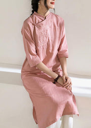 Loose stand collar linen side open dress Inspiration pink Dress - bagstylebliss