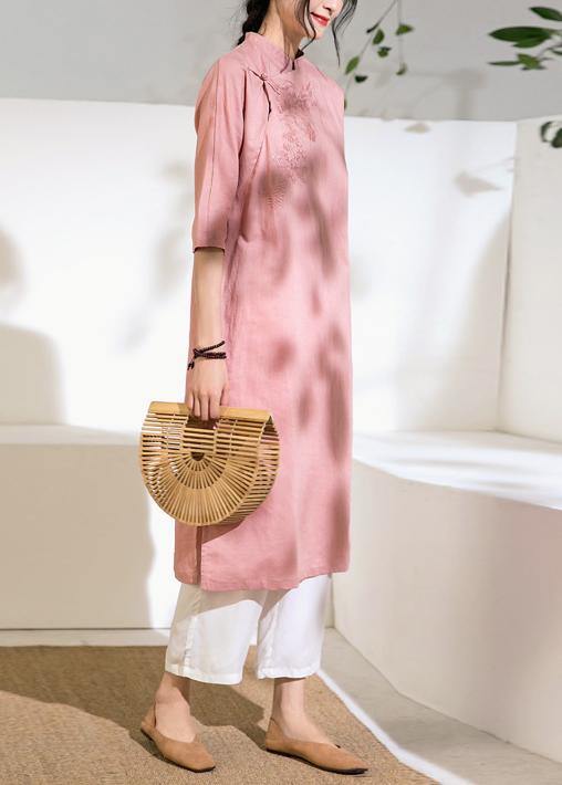 Loose stand collar linen side open dress Inspiration pink Dress - bagstylebliss