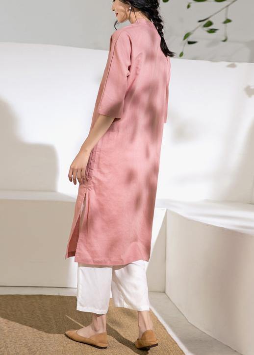 Loose stand collar linen side open dress Inspiration pink Dress - bagstylebliss