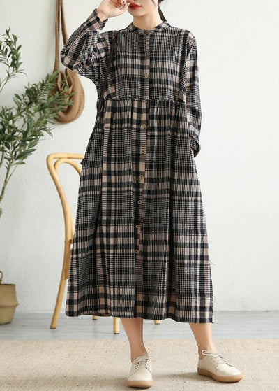 Loose stand collar Cinched linen Tunics Shape black plaid Dresses - bagstylebliss