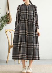 Loose stand collar Cinched linen Tunics Shape black plaid Dresses - bagstylebliss