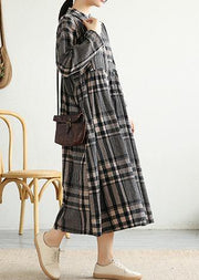 Loose stand collar Cinched linen Tunics Shape black plaid Dresses - bagstylebliss