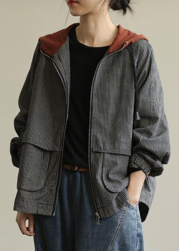 Loose striped fine trench coat Photography hooded patchwork  women coats - bagstylebliss