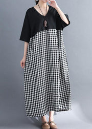 Loose v neck cotton clothes Women Shirts black patchwork Maxi Dresses summer - bagstylebliss