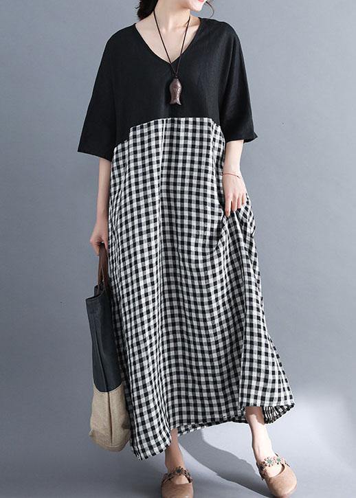 Loose v neck cotton clothes Women Shirts black patchwork Maxi Dresses summer - bagstylebliss