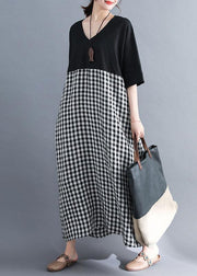 Loose v neck cotton clothes Women Shirts black patchwork Maxi Dresses summer - bagstylebliss