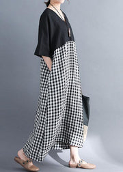 Loose v neck cotton clothes Women Shirts black patchwork Maxi Dresses summer - bagstylebliss