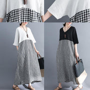 Loose v neck cotton clothes Women Shirts black patchwork Maxi Dresses summer - bagstylebliss