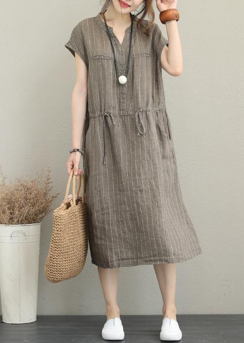 Loose v neck drawstring linen summer Robes Neckline kahki striped Dresses - bagstylebliss