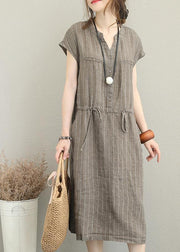 Loose v neck drawstring linen summer Robes Neckline kahki striped Dresses - bagstylebliss