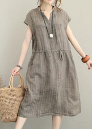 Loose v neck drawstring linen summer Robes Neckline kahki striped Dresses - bagstylebliss