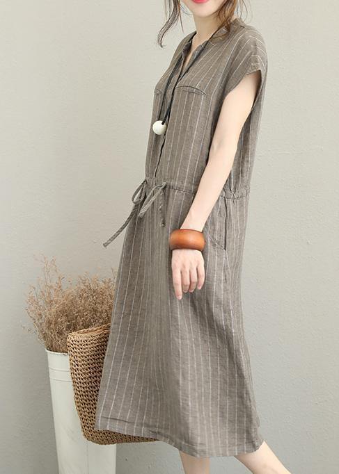 Loose v neck drawstring linen summer Robes Neckline kahki striped Dresses - bagstylebliss