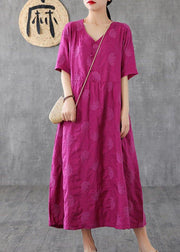 Loose v neck embroidery linen clothes For Women Sleeve rose Dresses - bagstylebliss