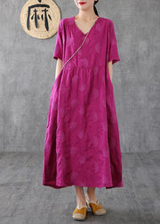 Loose v neck embroidery linen clothes For Women Sleeve rose Dresses - bagstylebliss