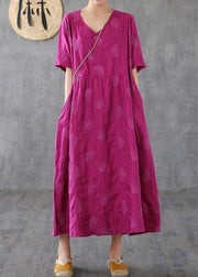 Loose v neck embroidery linen clothes For Women Sleeve rose Dresses - bagstylebliss