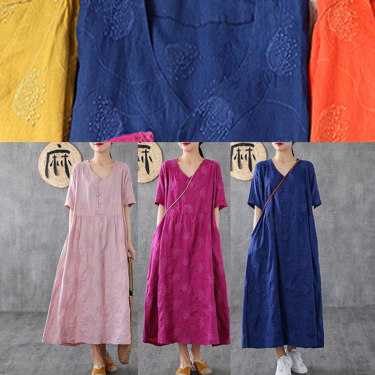 Loose v neck embroidery linen clothes For Women Sleeve rose Dresses - bagstylebliss