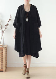 Loose v neck patchwork linen clothes Photography black Dress fall - bagstylebliss