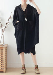 Loose v neck patchwork linen clothes Photography black Dress fall - bagstylebliss