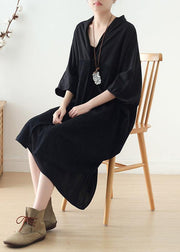 Loose v neck patchwork linen clothes Photography black Dress fall - bagstylebliss