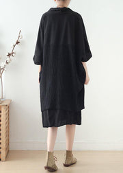 Loose v neck patchwork linen clothes Photography black Dress fall - bagstylebliss