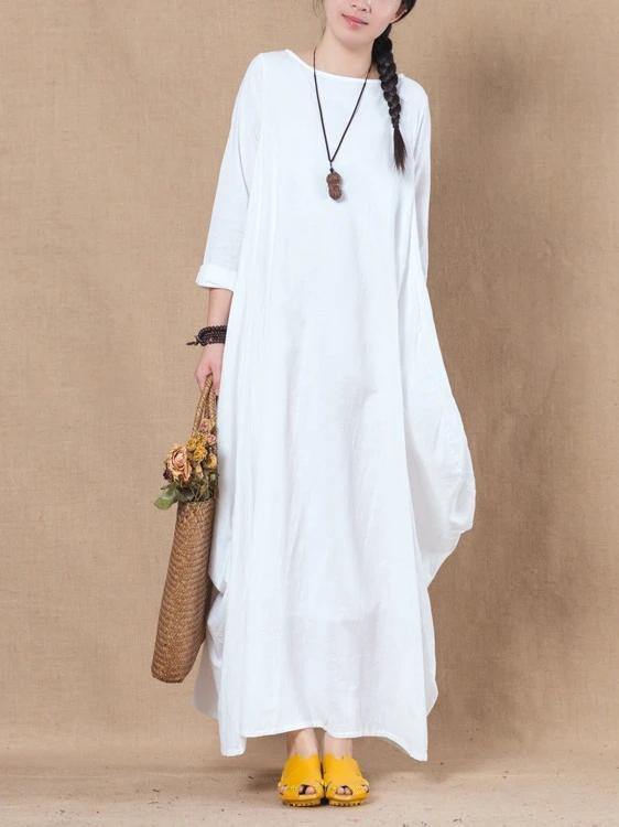 Loose white cotton linen dress o neck asymmetric A Line spring Dresses - bagstylebliss