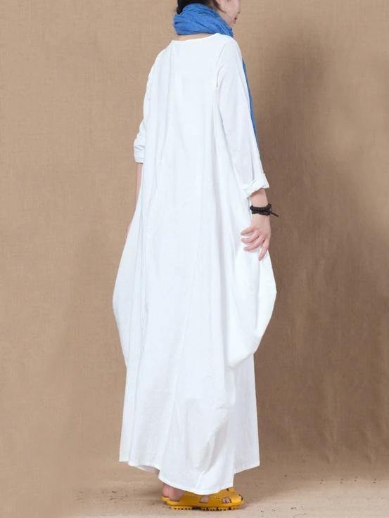 Loose white cotton linen dress o neck asymmetric A Line spring Dresses - bagstylebliss