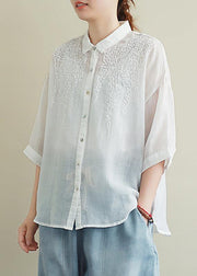 Loose white embroidery linen tops women blouses lapel half sleeve oversized top - bagstylebliss