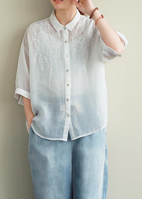 Loose white embroidery linen tops women blouses lapel half sleeve oversized top - bagstylebliss