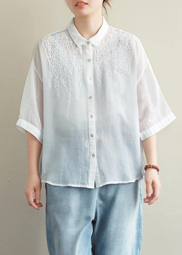 Loose white embroidery linen tops women blouses lapel half sleeve oversized top - bagstylebliss