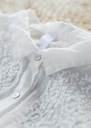 Loose white embroidery linen tops women blouses lapel half sleeve oversized top - bagstylebliss