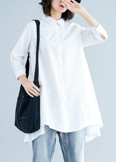 Loose white linen cotton Tunic Shirts lapel asymmetric tops - bagstylebliss