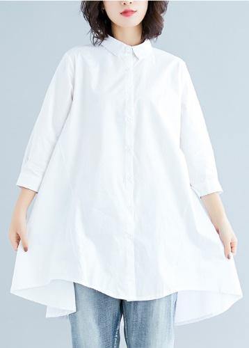 Loose white linen cotton Tunic Shirts lapel asymmetric tops - bagstylebliss